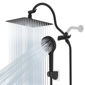 Hibbent all-metal rainfall head shows a broad spray for an immersive shower experience.