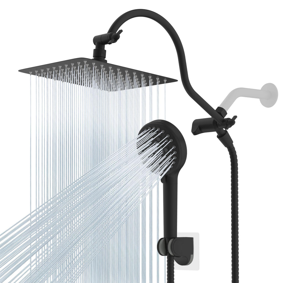Hibbent all-metal rainfall head shows a broad spray for an immersive shower experience.