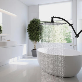Hibbent arc-shaped extension arm design prevents collisions and keeps spray aligned.