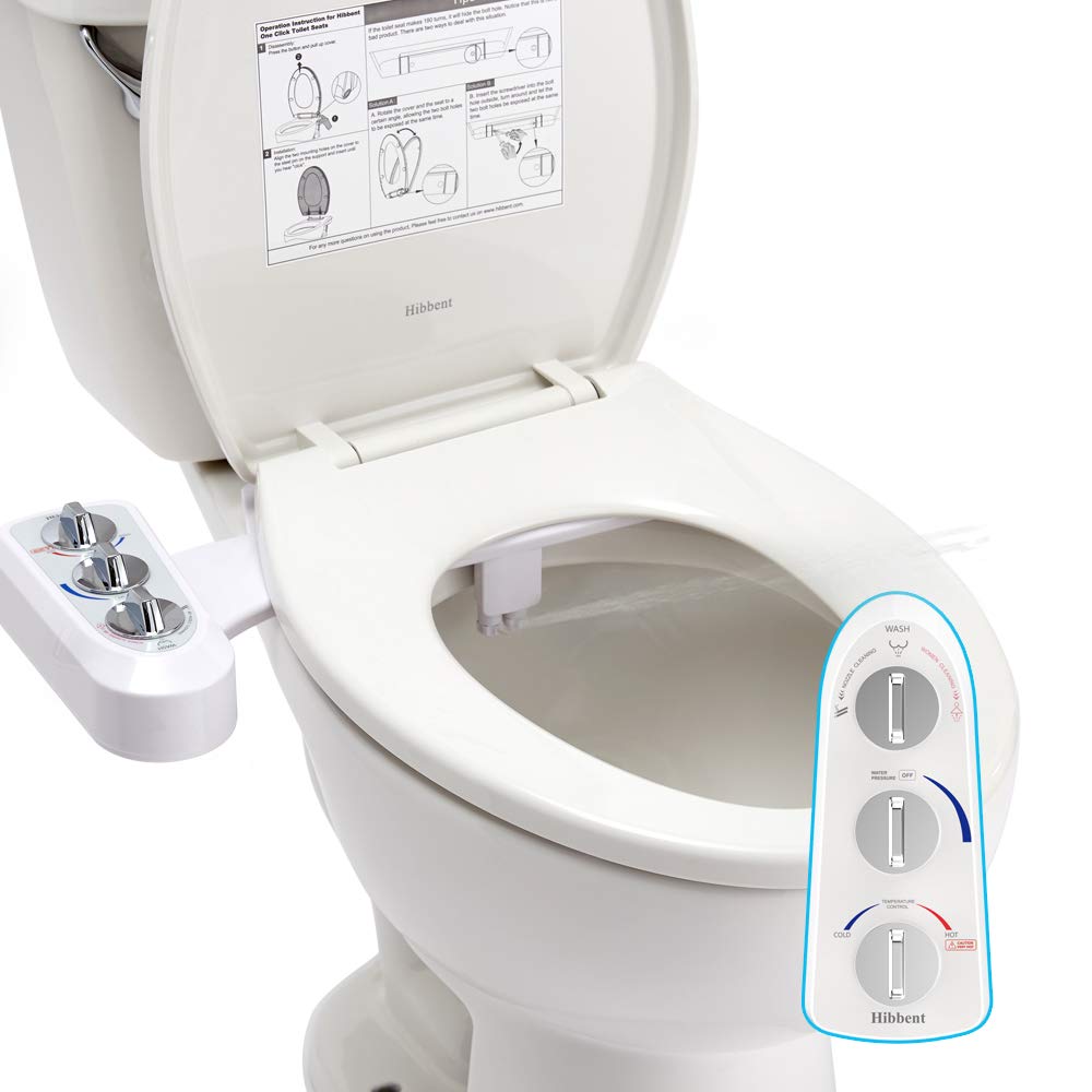 Hibbent bidet attachment with dual-nozzle setup for front and rear cleansing.