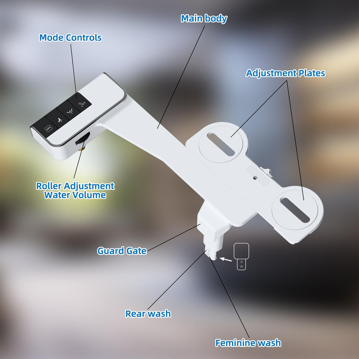 Hibbent water spray-angle adjustment supports front or rear wash as needed.