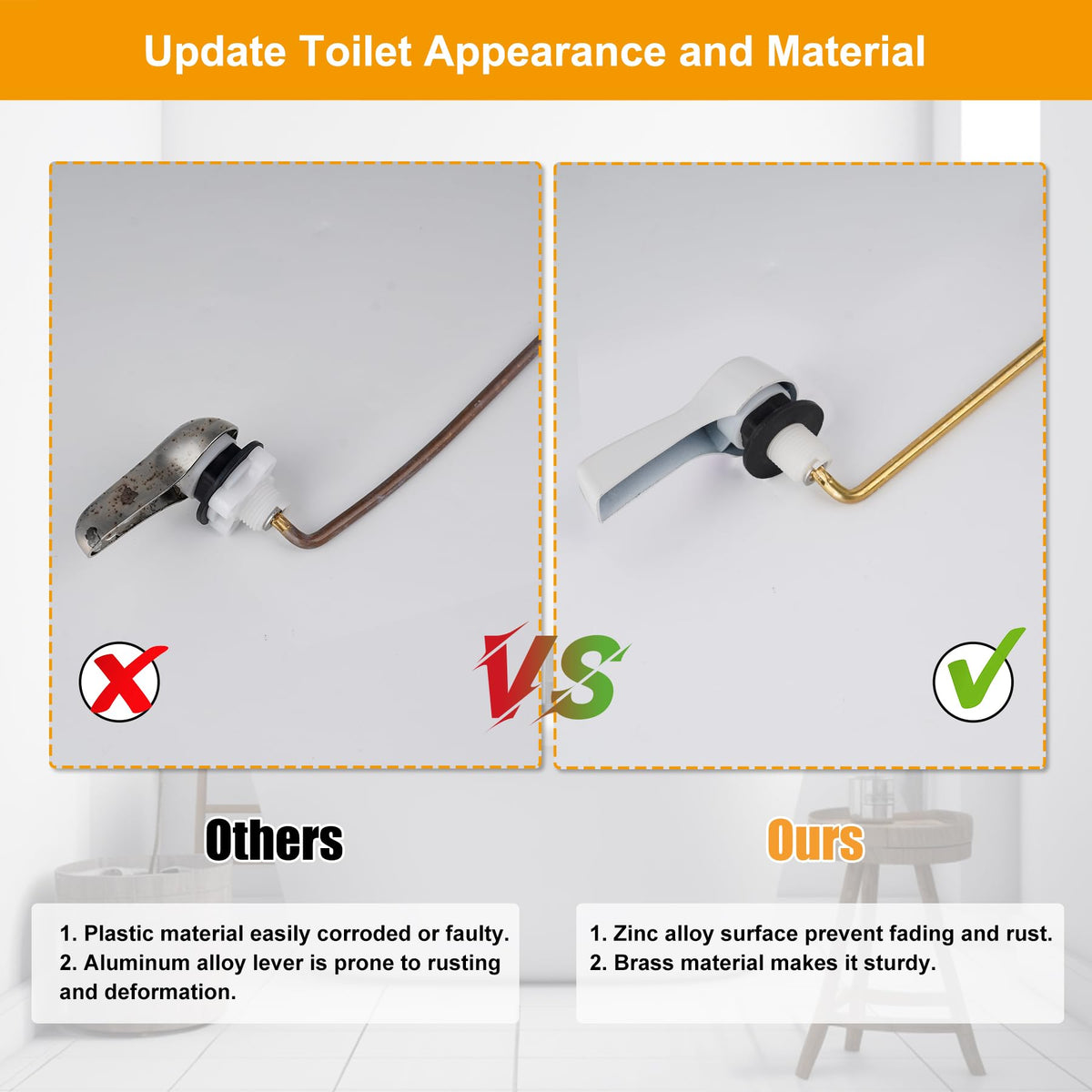 Brass lever installed on a toilet tank showing clean white finish.