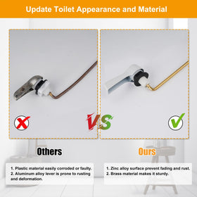 Brass lever installed on a toilet tank showing clean white finish.