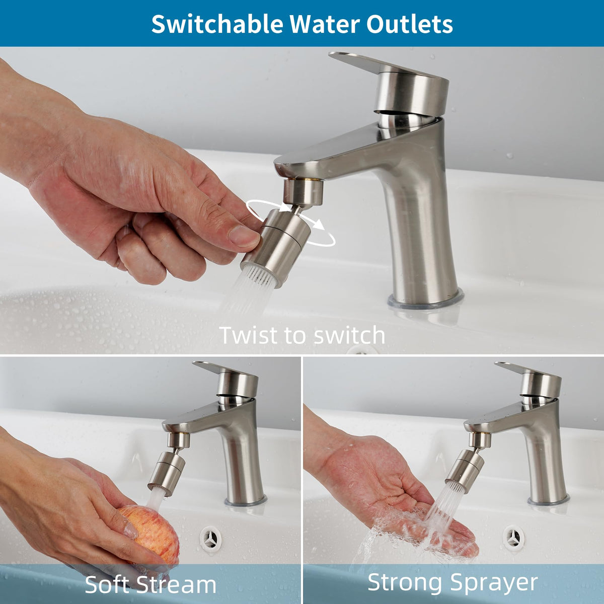 Hibbent brushed nickel aerator body resists corrosion and matches modern kitchen decor.
