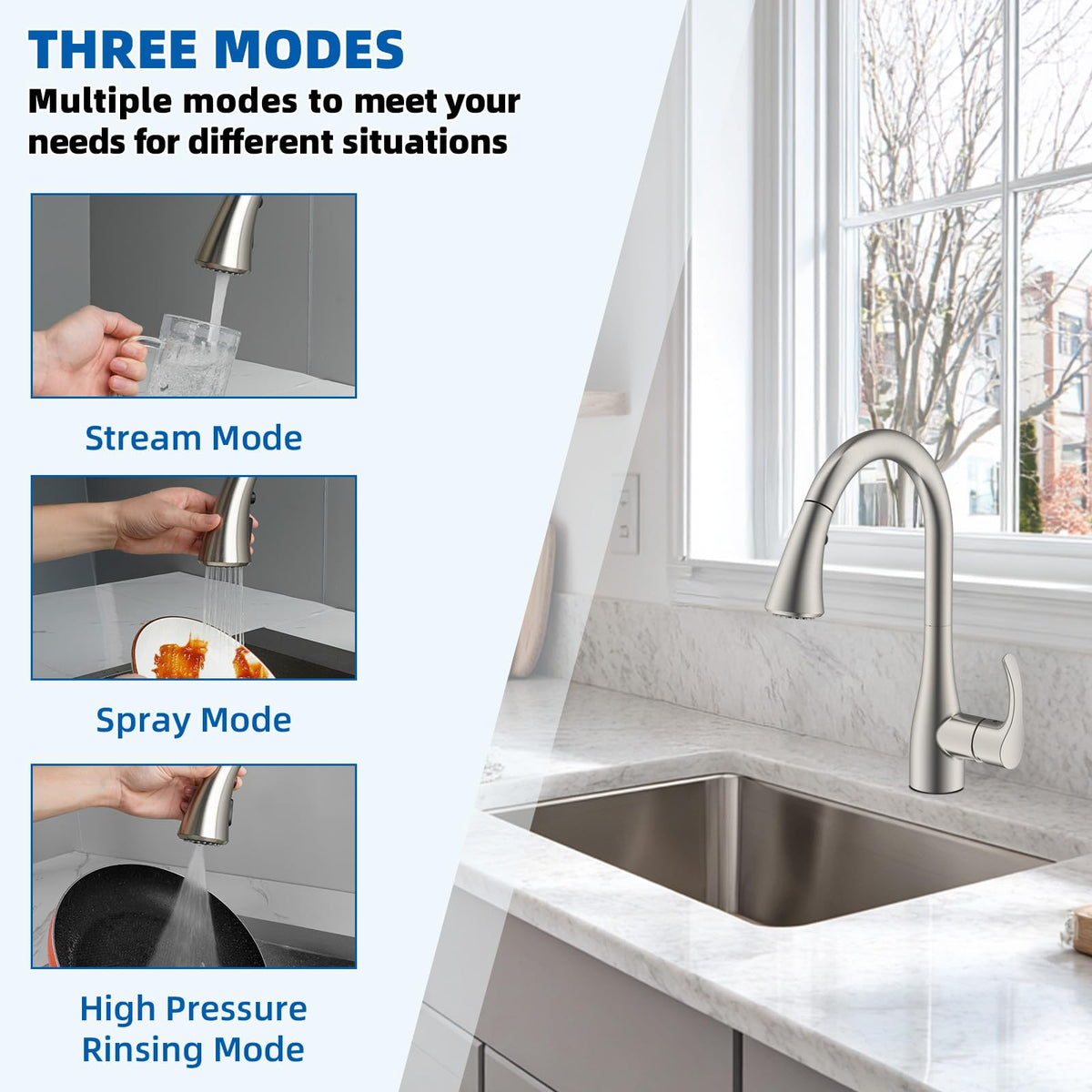 Hibbent curved pull-down head assembly shows easy tool-free installation.