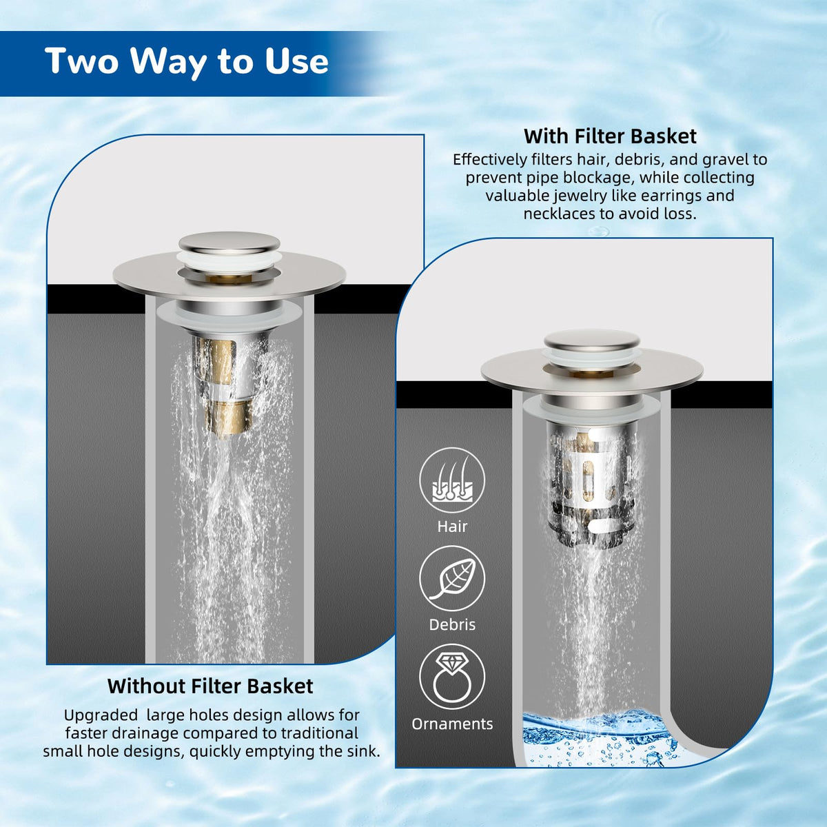 Hibbent dual-layer removable basket captures hair and debris effectively.