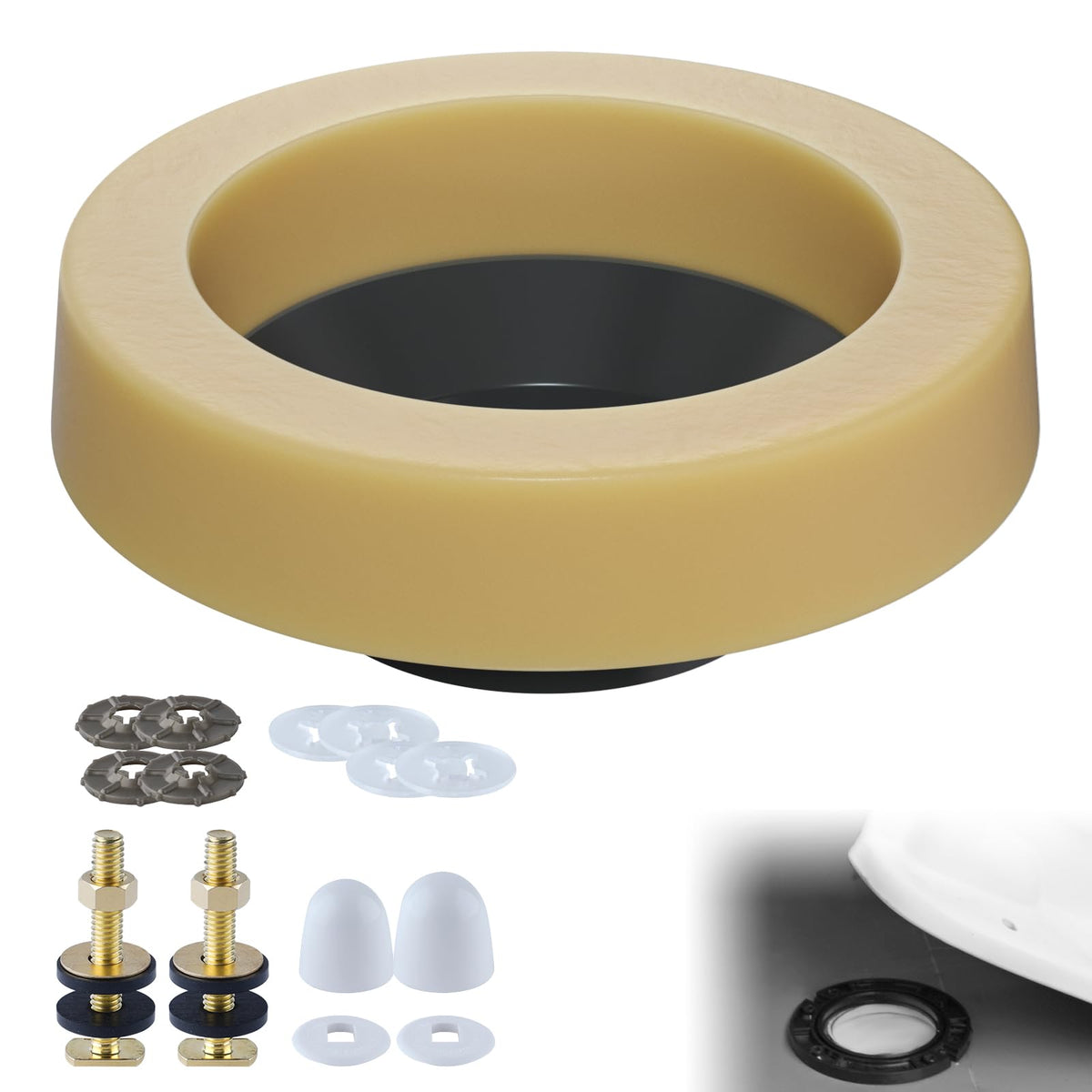 Hibbent wax ring assembly forms a durable seal between toilet and floor.