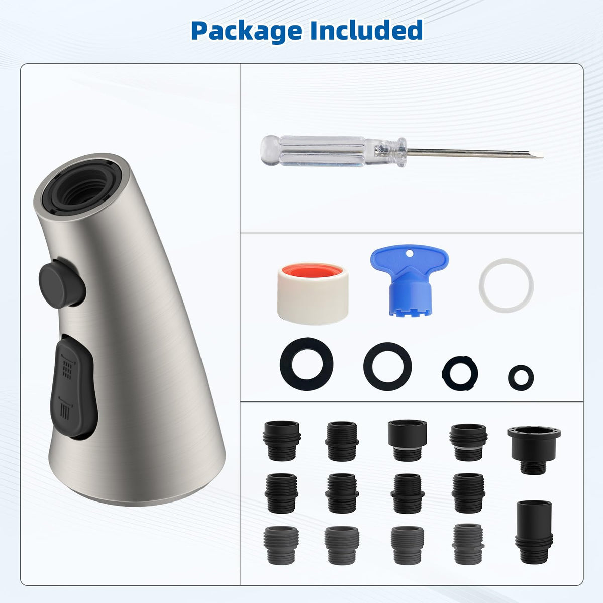 Hibbent 14-adapter pack enables wide compatibility with many fixtures.