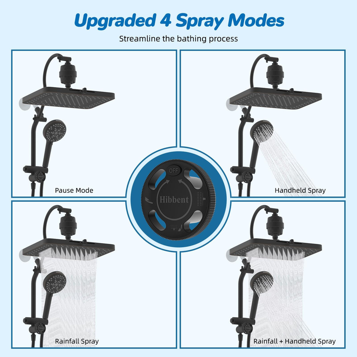 Hibbent handheld showerhead offers 10 spray modes for versatile use.