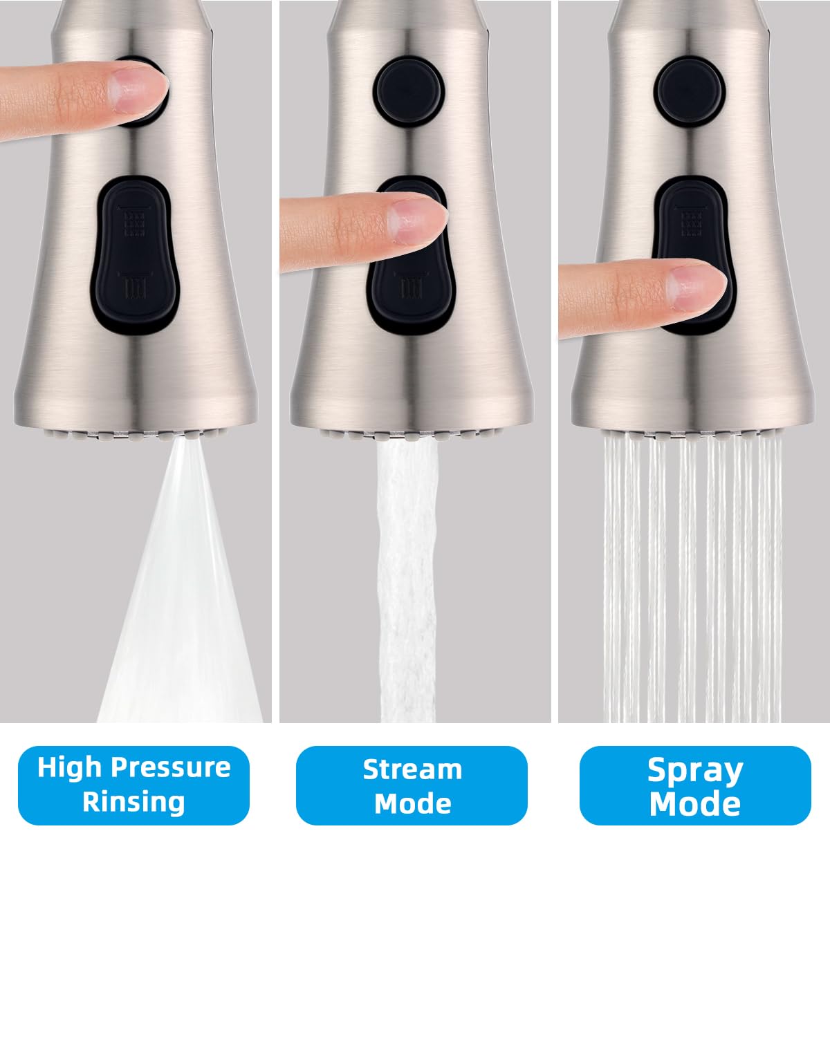 Hibbent kitchen sprayer head shows three functions ideal for rinsing and scrubbing.