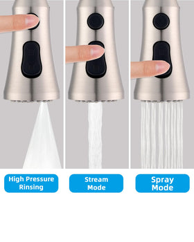 Hibbent kitchen sprayer head shows three functions ideal for rinsing and scrubbing.