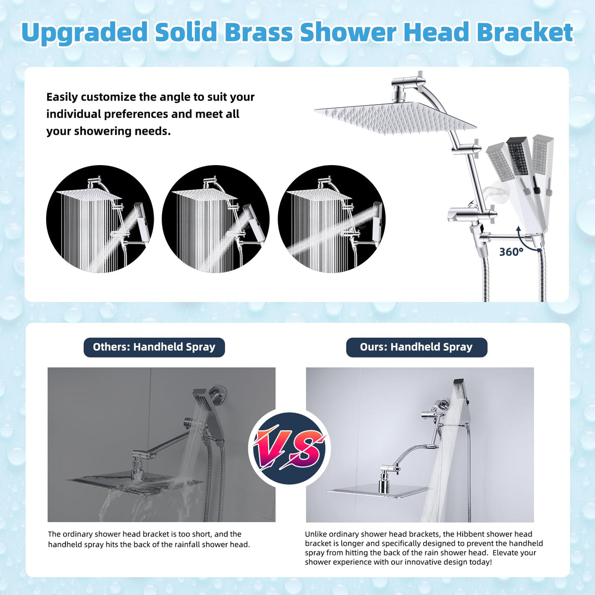 Hibbent metal bracket and extension arm prevent collision with the rain head.