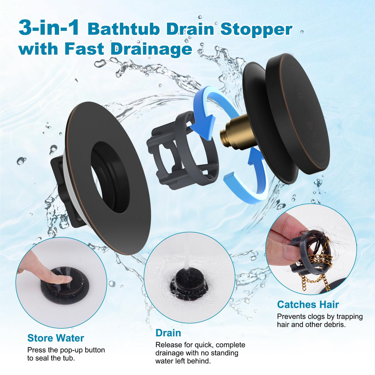 Hibbent pop-up drain strainer demonstrates easy sealing and release.