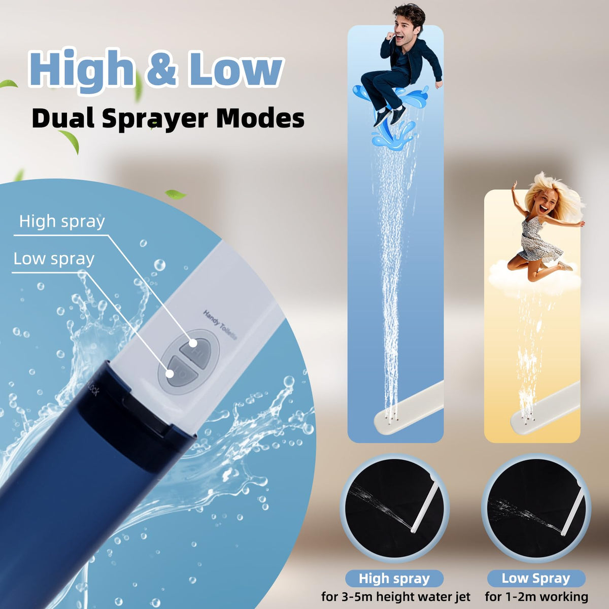 Hibbent portable bidet dual spray function demonstrates high-pressure jet for effective cleaning.