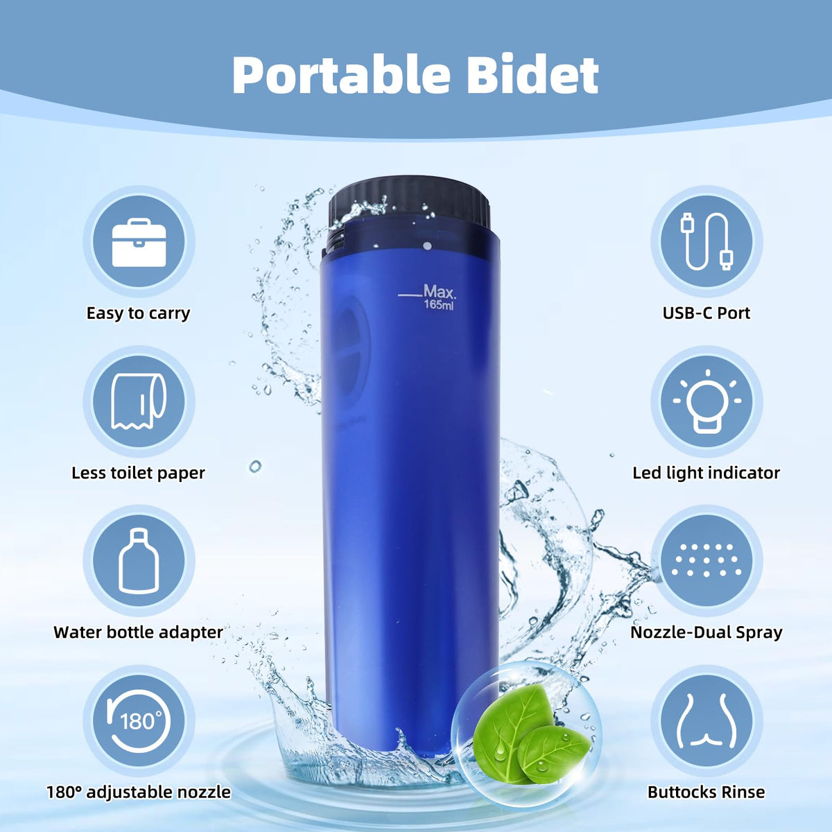 Hibbent portable bidet water filling mode shows how to connect to larger containers for outdoor use.