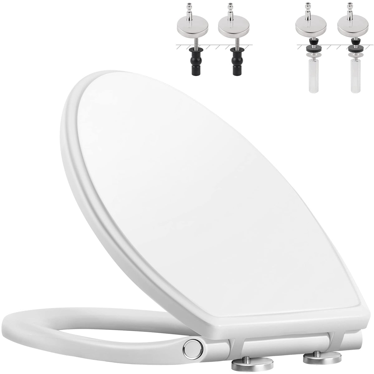 Hibbent premium elongated seat with cover shows quiet close for peaceful bathrooms.