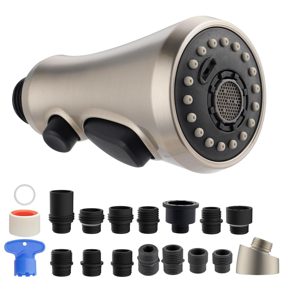 Hibbent pull-down head assembly for quick, tool-free faucet upgrade.