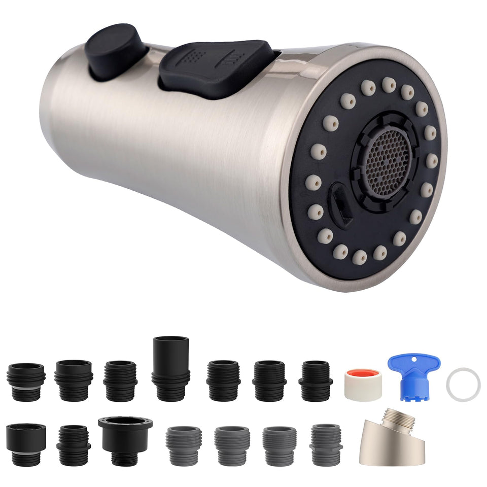 Hibbent pull-down kitchen faucet head demonstrates easy 3-function spray for versatile cleaning.