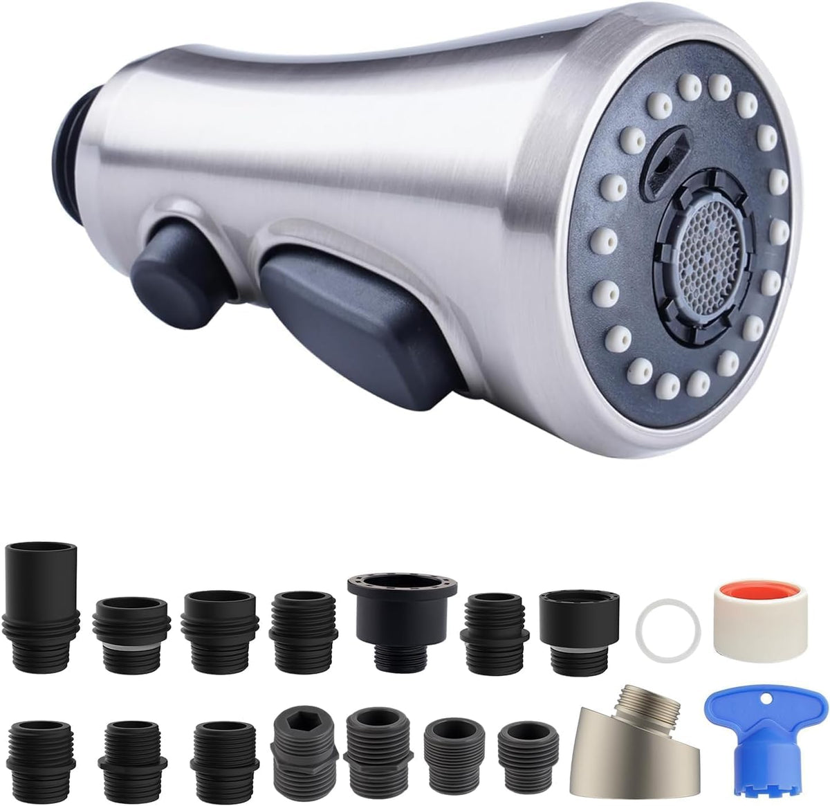 Hibbent pull-down spray head front view for versatile kitchen faucet installation