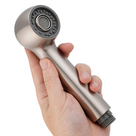 Hibbent pull-out sprayer head in brushed nickel for durable kitchen use.
