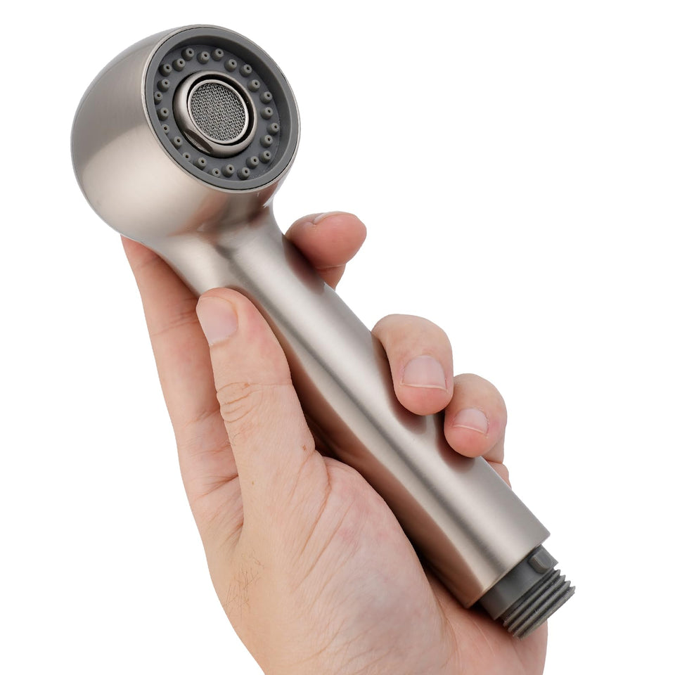 Hibbent pull-out sprayer head in brushed nickel for durable kitchen use.