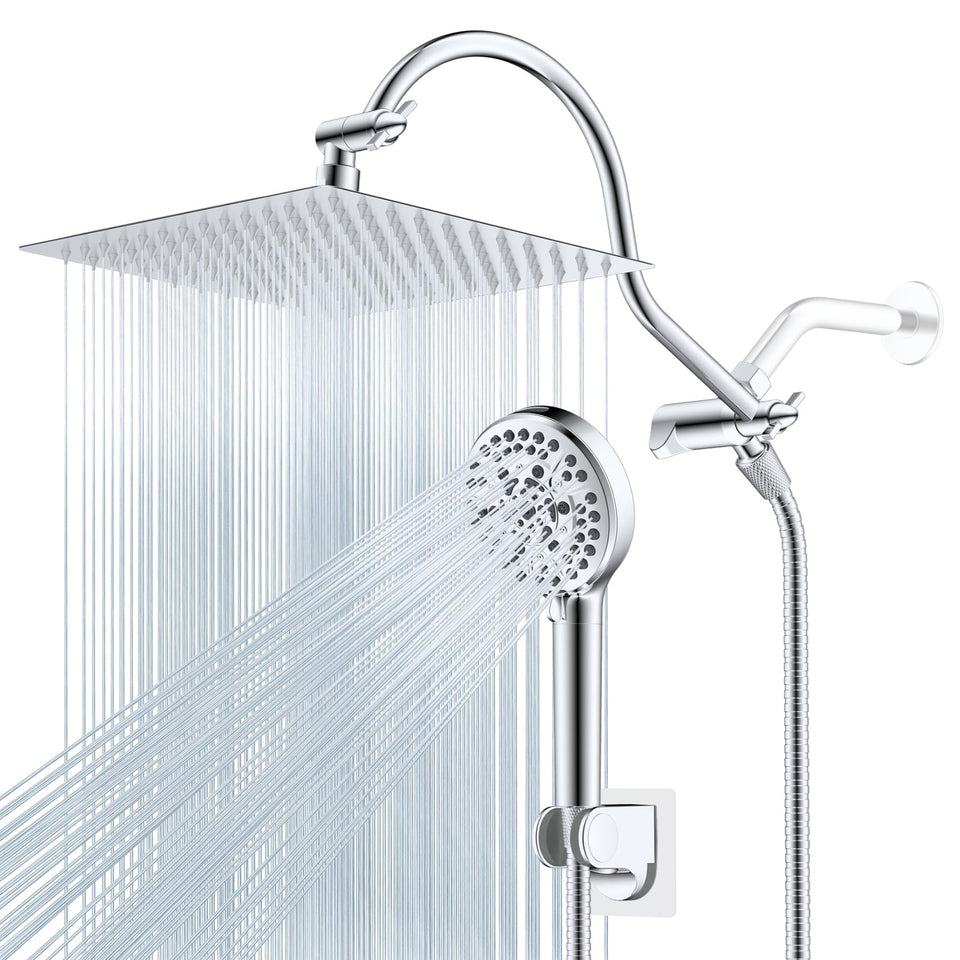 Hibbent rainfall head 12x10 inch delivers wide coverage for a spa-like shower.