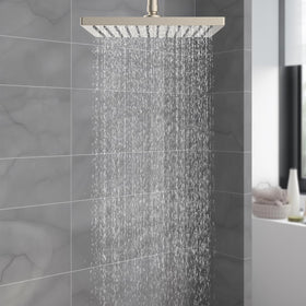 Hibbent rainfall flow provides full-body coverage for a spa-like shower.