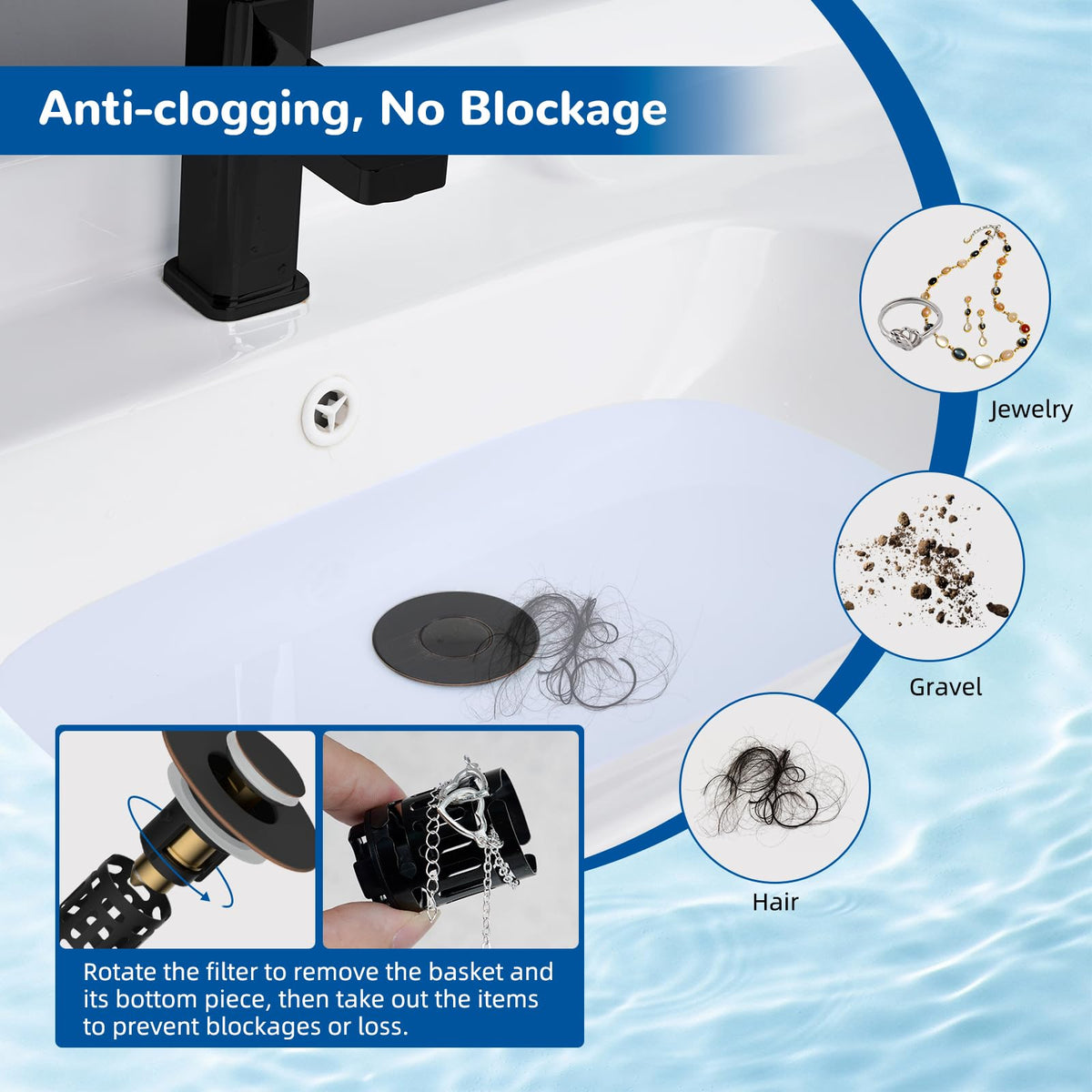Hibbent removable dual-layer basket captures hair and debris before clogging