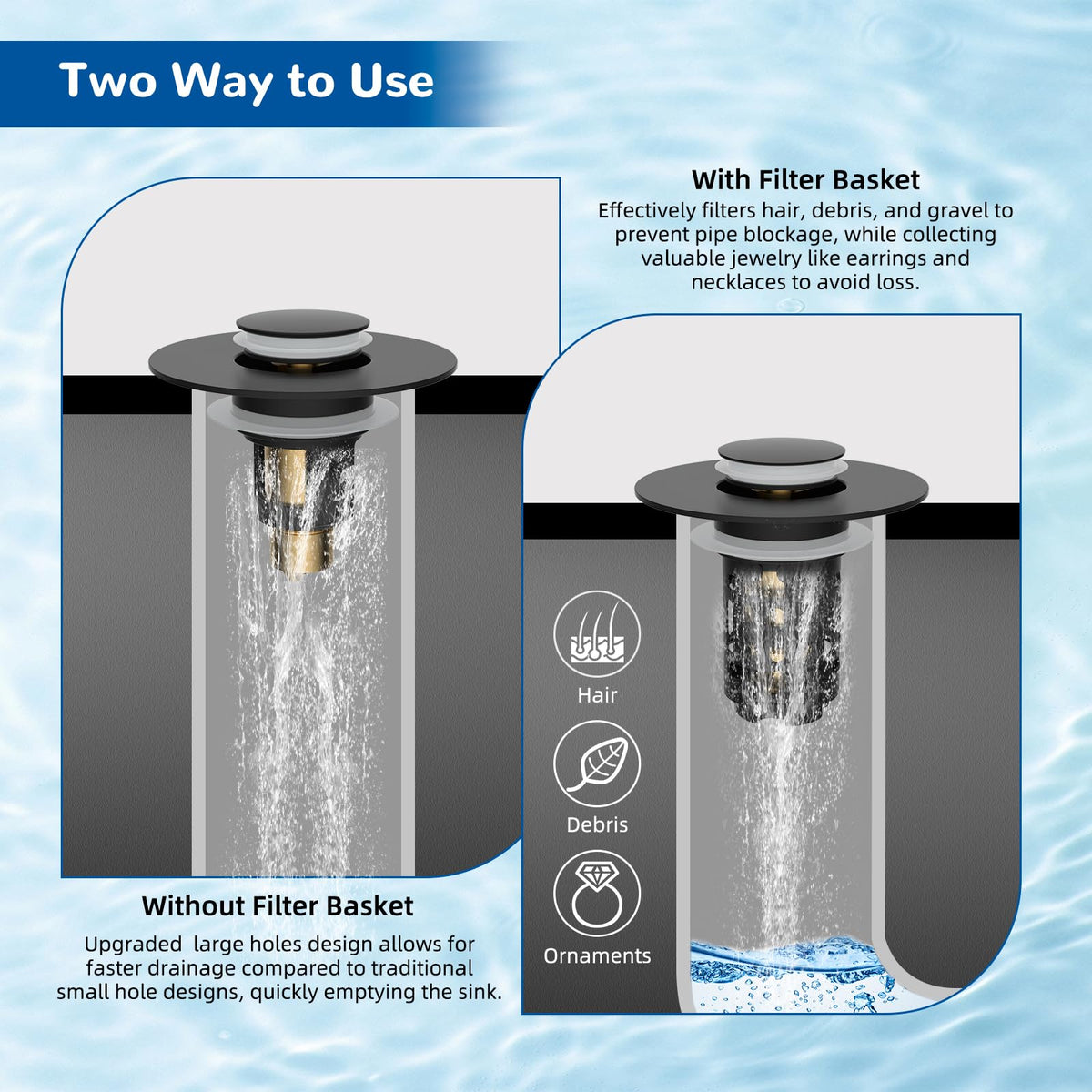 Hibbent removable two-layer basket for easy cleaning and dual filtering.