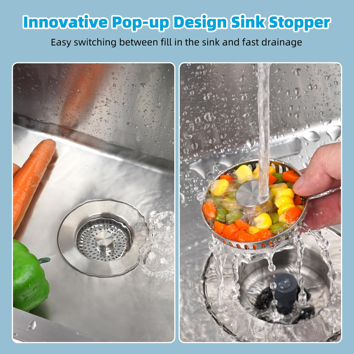 Hibbent stainless-steel drain basket, side angle, anti-clog design promotes steady flow.