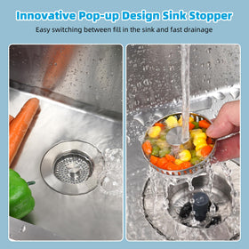 Hibbent stainless-steel drain basket, side angle, anti-clog design promotes steady flow.