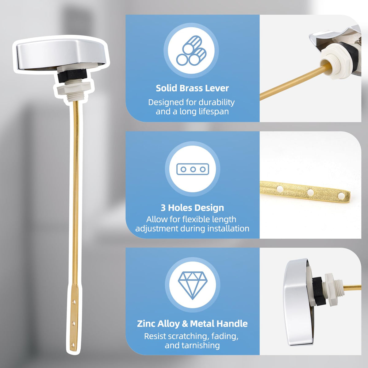 Hibbent chrome lever close-up highlighting brass core for durability.