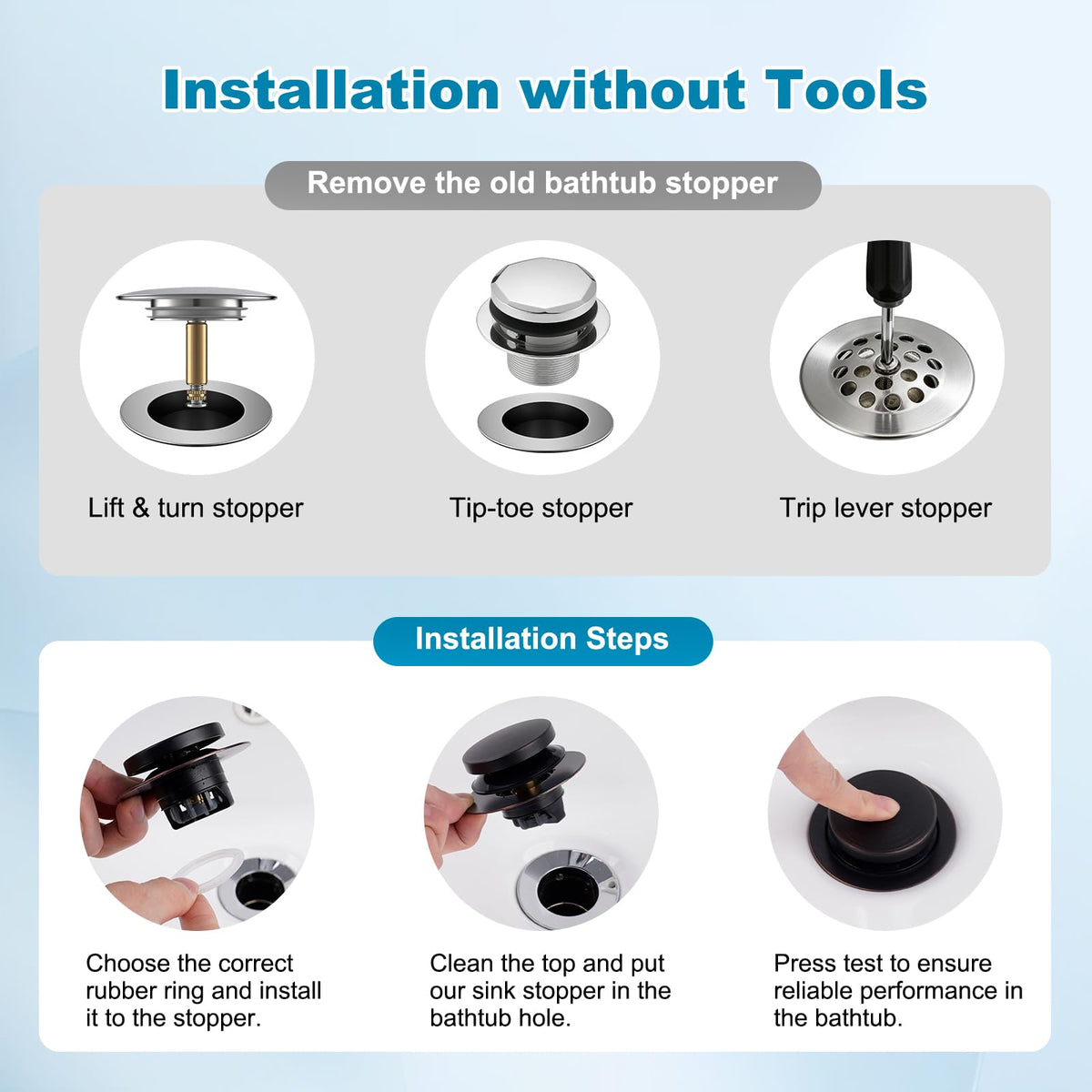 Hibbent universal compatibility for 1.5–2.4 inch drains with silicone rings.