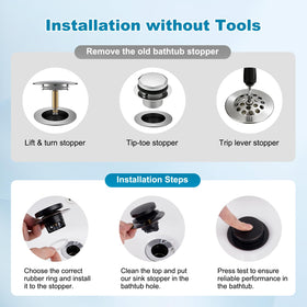 Hibbent universal compatibility for 1.5–2.4 inch drains with silicone rings.