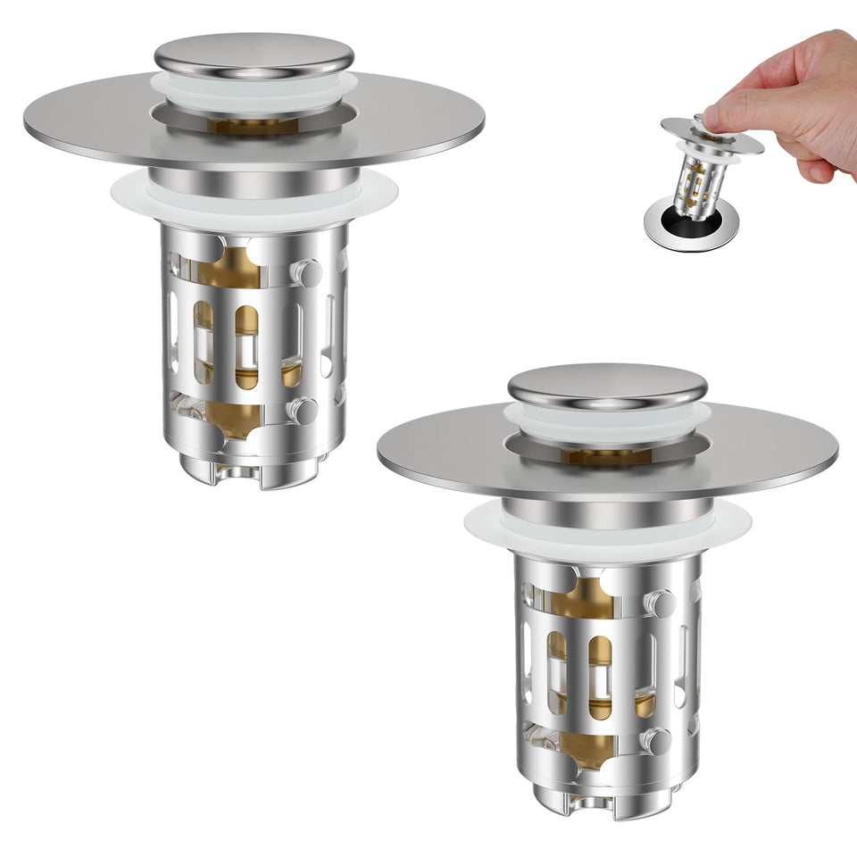 Hibbent universal sink drain strainer with pop-up stopper in brushed nickel for easy drainage.