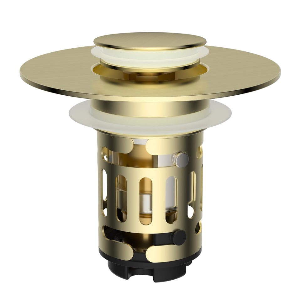 Hibbent upgraded 3-in-1 sink drain strainer in brushed gold prevents clogs while storing water