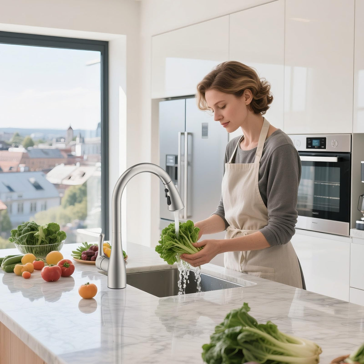 Hibbent water-angle guide ensures efficient, vertical flow into sink.