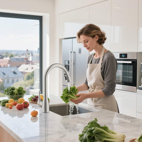 Hibbent water-angle guide ensures efficient, vertical flow into sink.