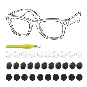 HiBloks Ray-Ban LED blocking sticker on glasses for glare reduction in photos.