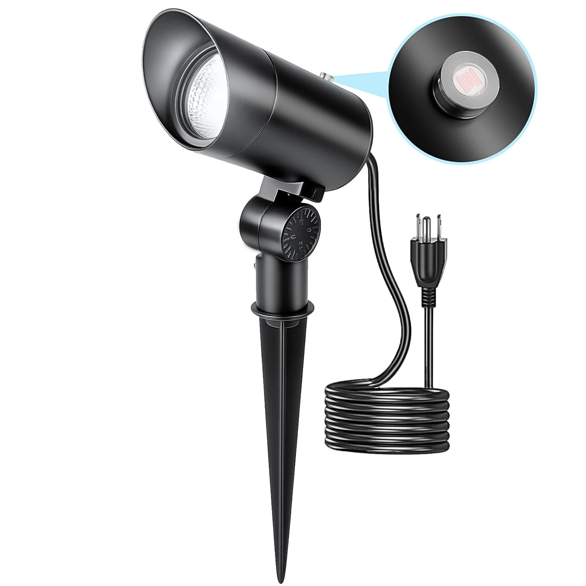 HIBOITEC spotlight with dusk-to-dawn sensor enables energy-saving outdoor lighting.