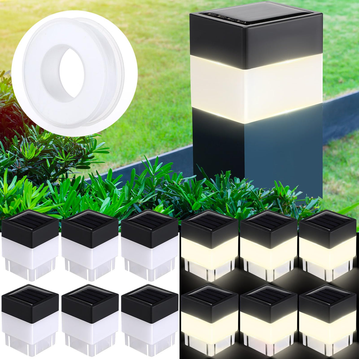 Hicarer solar post cap lights 12 pack mounted on fence posts for warm yellow illumination
