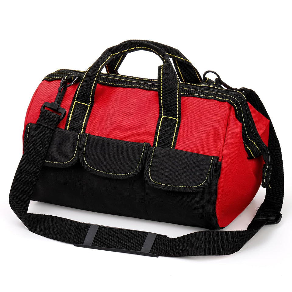 Hiceeden 16-inch wide-mouth tool bag opens wide for quick tool access on the job.