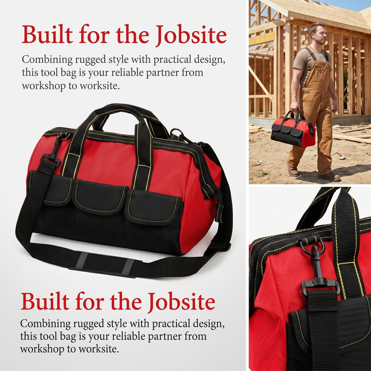 Hiceeden red tool bag fits on workbenches and truck beds with ease.