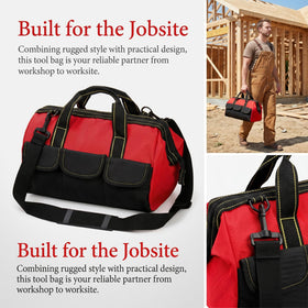 Hiceeden red tool bag fits on workbenches and truck beds with ease.
