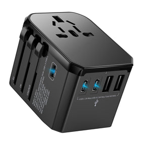 HICHOR universal travel adapter showing worldwide compatibility for 200+ countries, ideal for multi-region trips.