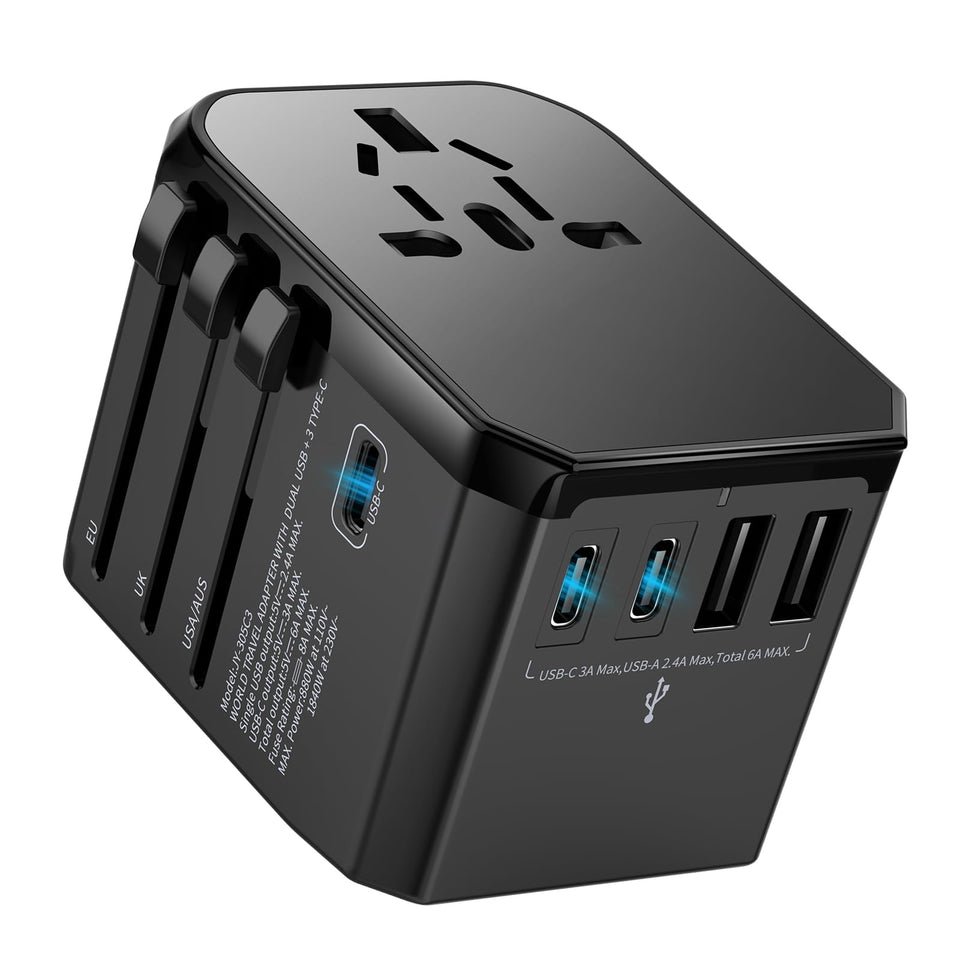 HICHOR universal travel adapter showing worldwide compatibility for 200+ countries, ideal for multi-region trips.