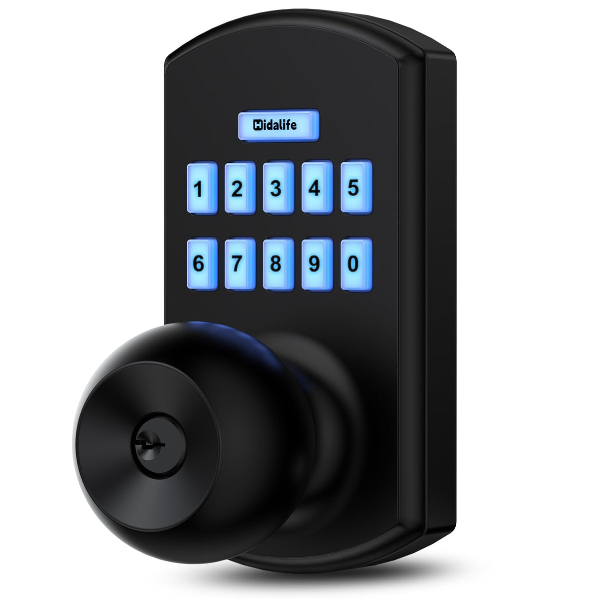 Hidalife keypad door lock front view with backlit keypad for secure entry at night