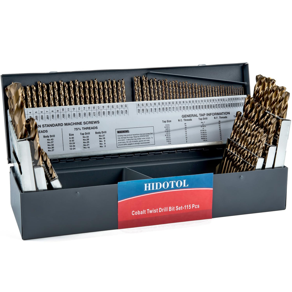 HIDOTOL cobalt drill bits in metal case closeup for durable drilling.