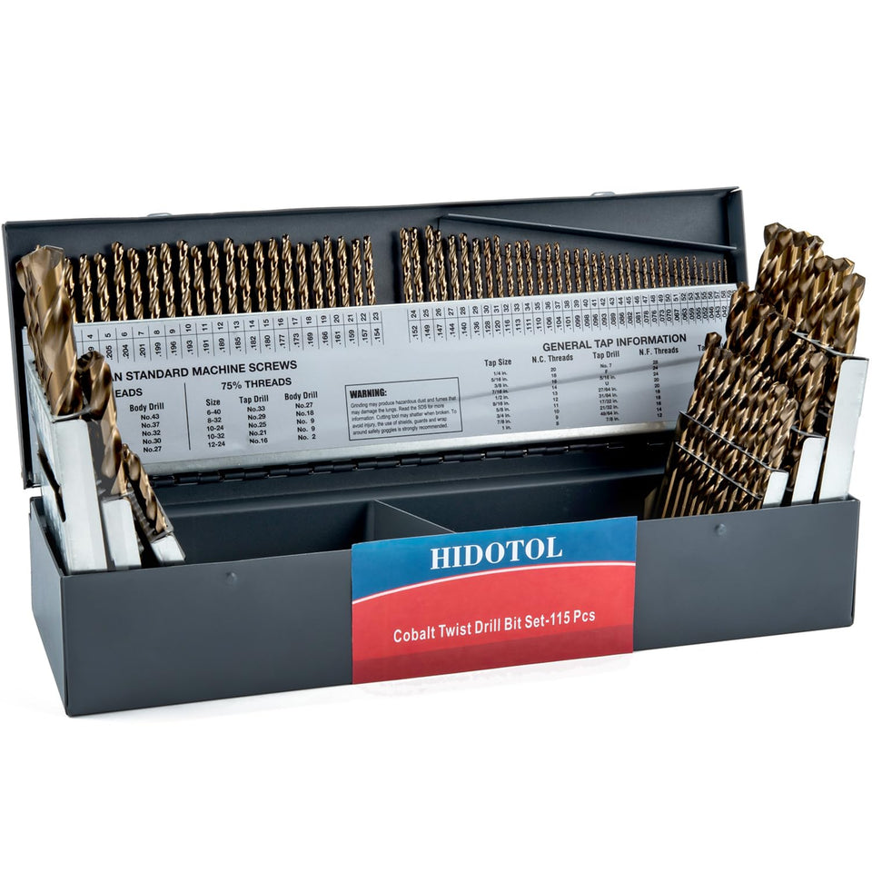 HIDOTOL cobalt drill bits in metal case closeup for durable drilling.