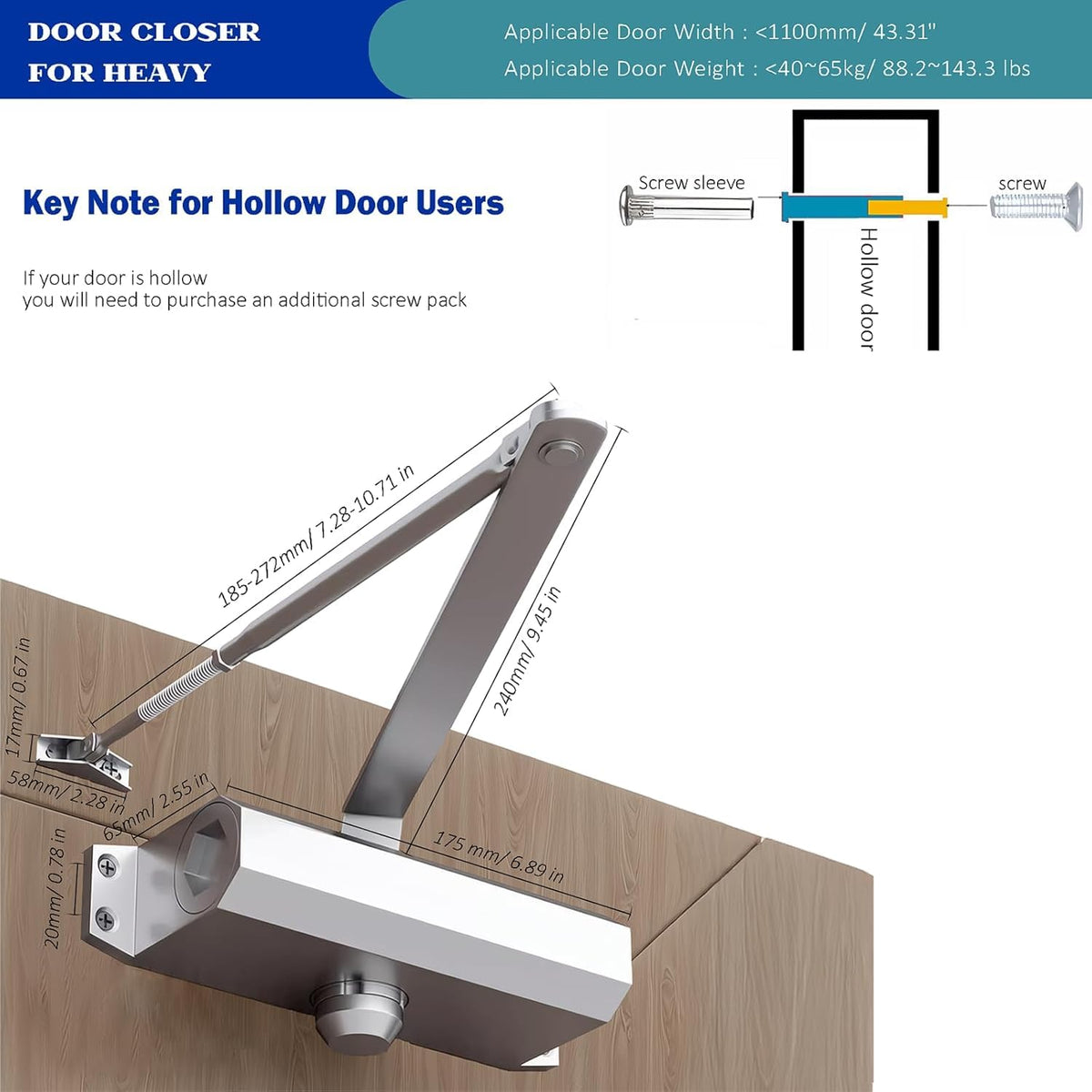 HIODIYI door closer side view highlights compact profile with smooth soft close.